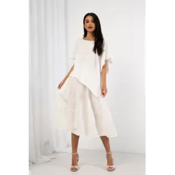 Komplet z asymetryczną bluzką i spódnicą midi z paskiem