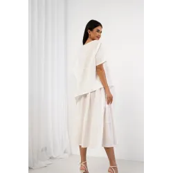 Komplet z asymetryczną bluzką i spódnicą midi z paskiem
