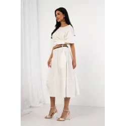Komplet z asymetryczną bluzką i spódnicą midi z paskiem