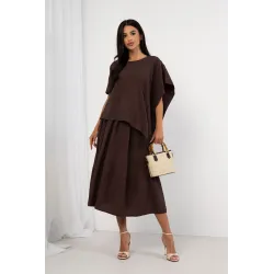 Komplet z asymetryczną bluzką i spódnicą midi z paskiem