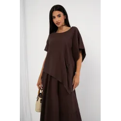 Komplet z asymetryczną bluzką i spódnicą midi z paskiem