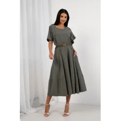 Komplet z asymetryczną bluzką i spódnicą midi z paskiem