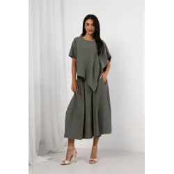 Komplet z asymetryczną bluzką i spódnicą midi z paskiem