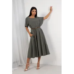 Komplet z asymetryczną bluzką i spódnicą midi z paskiem