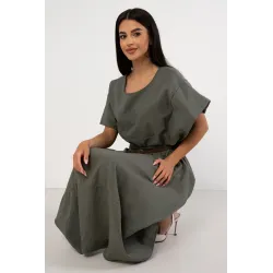 Komplet z asymetryczną bluzką i spódnicą midi z paskiem