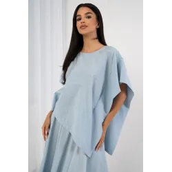 Komplet z asymetryczną bluzką i spódnicą midi z paskiem