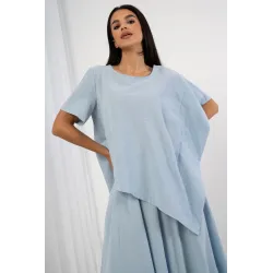 Komplet z asymetryczną bluzką i spódnicą midi z paskiem