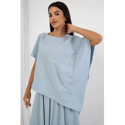 Komplet z asymetryczną bluzką i spódnicą midi z paskiem