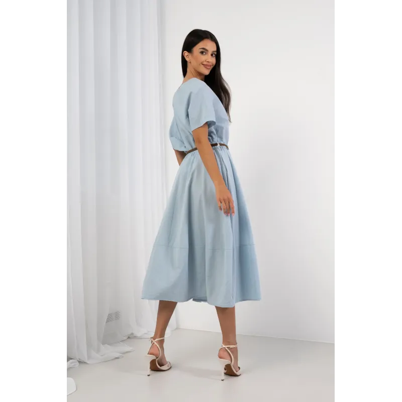 Komplet z asymetryczną bluzką i spódnicą midi z paskiem