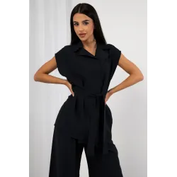 Wisozowy komplet z taliowaną bluzką z wiązaniem i szerokimi spodniami