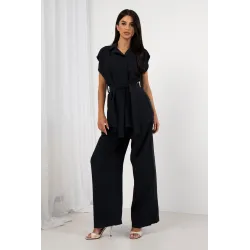 Wisozowy komplet z taliowaną bluzką z wiązaniem i szerokimi spodniami