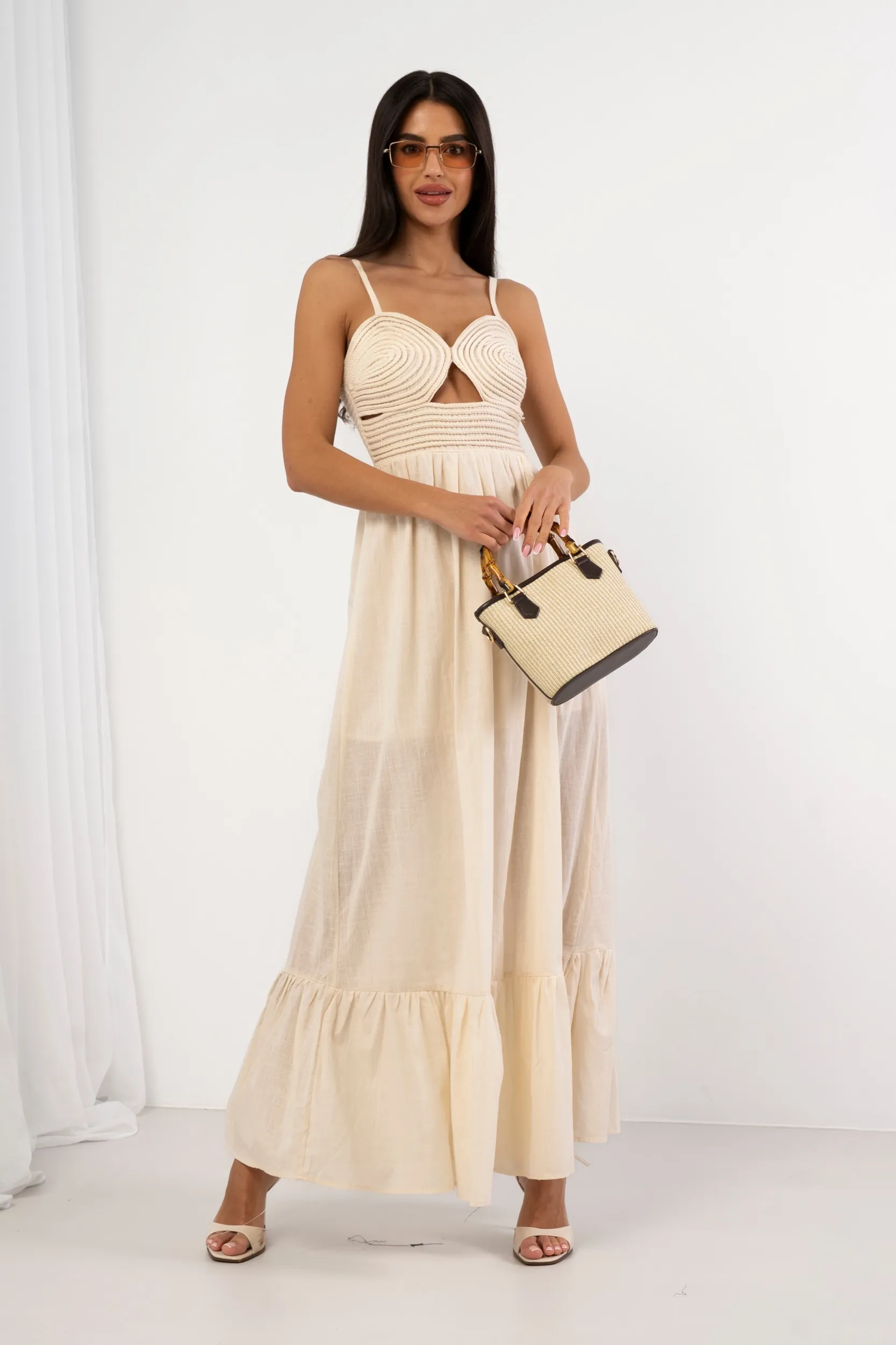 Sukienka maxi z plecionym gorsetem i wycięciem