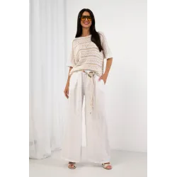 Lniane spodnie z szeroką nogawką i paskiem