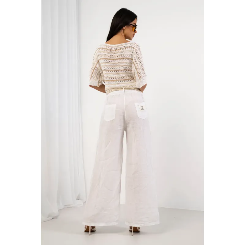 Lniane spodnie z szeroką nogawką i paskiem