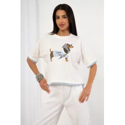 T-shirt z nadrukiem jamnika z falowanym wykończeniem