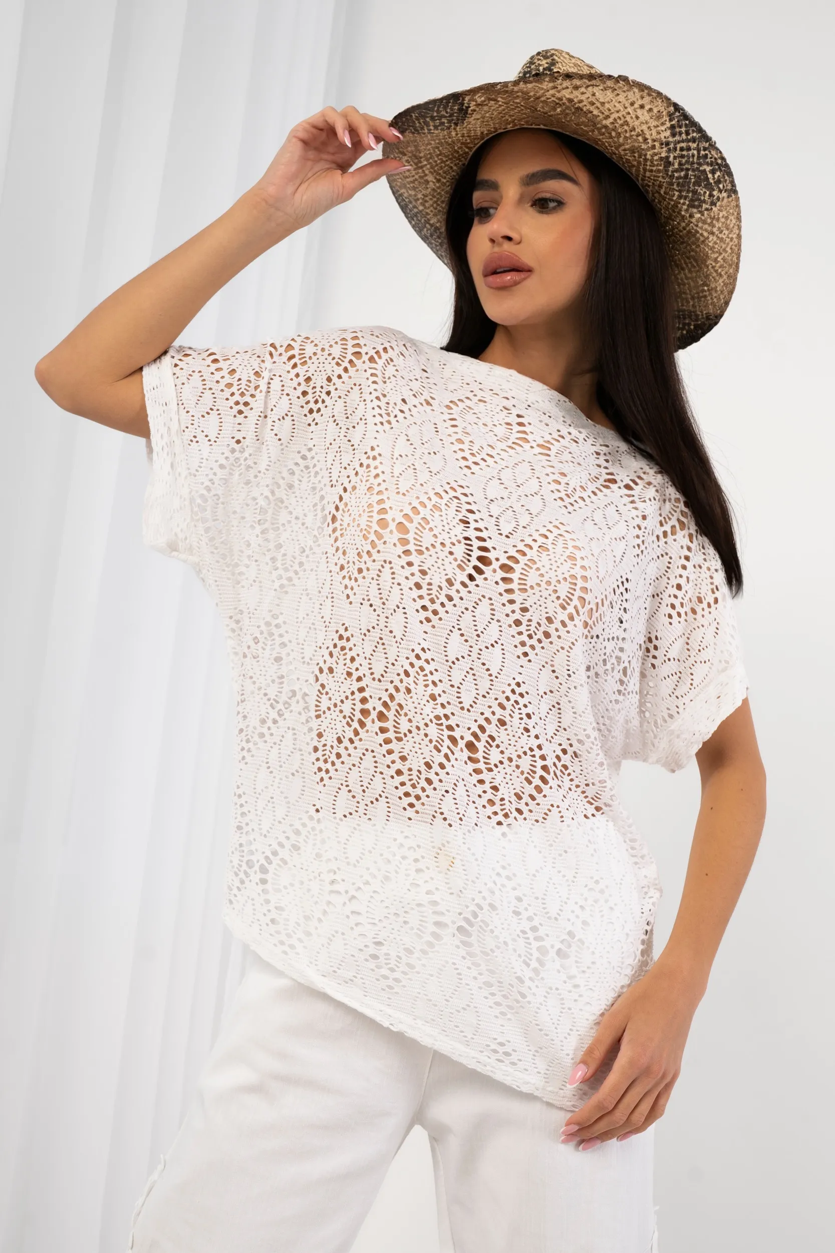 Bluzka z dzianiny ażurowej z krótkim rękawem