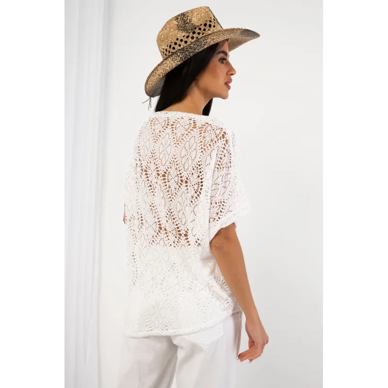 Bluzka z dzianiny ażurowej z krótkim rękawem