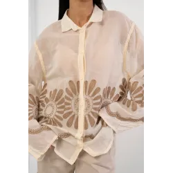 Koszula oversize boho z haftem i rozszerzanymi rękawami