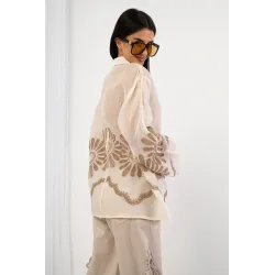 Koszula oversize boho z haftem i rozszerzanymi rękawami