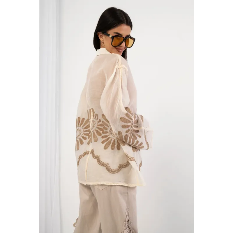 Koszula oversize boho z haftem i rozszerzanymi rękawami