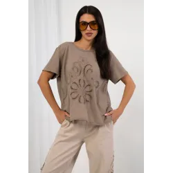 T-shirt z ażurowym haftem i motywem kwiatowym