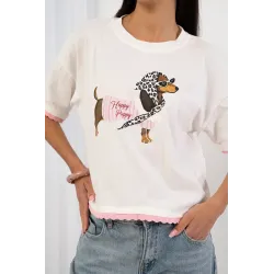 T-shirt z nadrukiem jamnika z falowanym wykończeniem