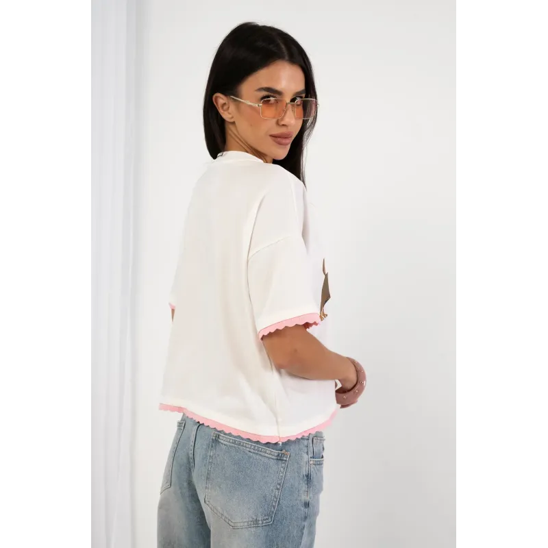 T-shirt z nadrukiem jamnika z falowanym wykończeniem