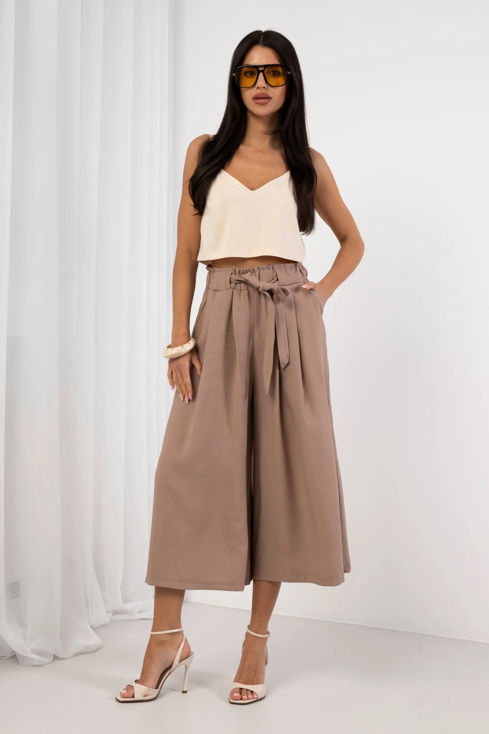 Spodnie palazzo 7/8 z ozdobnym wiązaniem