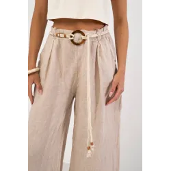 Lniane spodnie z szeroką nogawką i paskiem