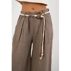 Lniane spodnie z szeroką nogawką i paskiem