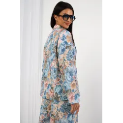 Komplet żakardowy z marynarką i szerokimi spodniami w kwiaty