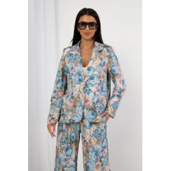 Komplet żakardowy z marynarką i szerokimi spodniami w kwiaty