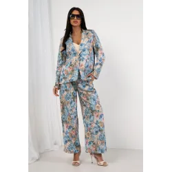 Komplet żakardowy z marynarką i szerokimi spodniami w kwiaty