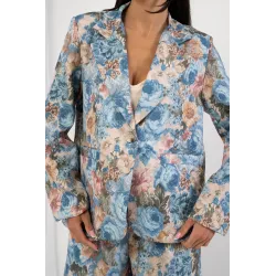 Komplet żakardowy z marynarką i szerokimi spodniami w kwiaty