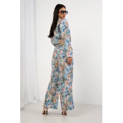 Komplet żakardowy z marynarką i szerokimi spodniami w kwiaty
