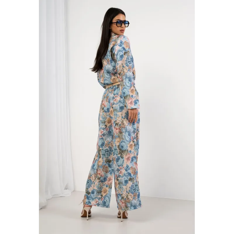 Komplet żakardowy z marynarką i szerokimi spodniami w kwiaty
