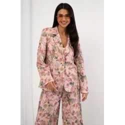 Komplet żakardowy z marynarką i szerokimi spodniami w kwiaty
