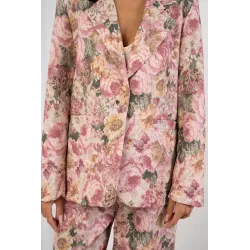 Komplet żakardowy z marynarką i szerokimi spodniami w kwiaty