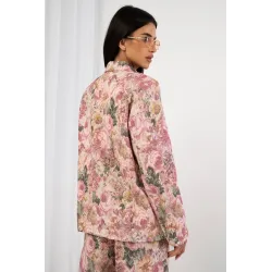 Komplet żakardowy z marynarką i szerokimi spodniami w kwiaty