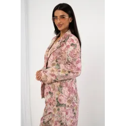 Komplet żakardowy z marynarką i szerokimi spodniami w kwiaty