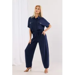 Komplet z koszulą z dekoracyjną apaszką i szerokimi spodniami