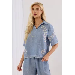 Lniany komplet z bluzką i spodniami palazzo z haftem