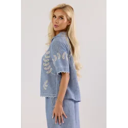 Lniany komplet z bluzką i spodniami palazzo z haftem