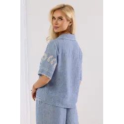 Lniany komplet z bluzką i spodniami palazzo z haftem