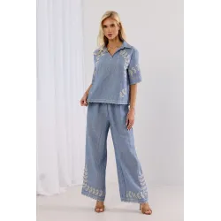 Lniany komplet z bluzką i spodniami palazzo z haftem