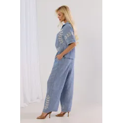 Lniany komplet z bluzką i spodniami palazzo z haftem