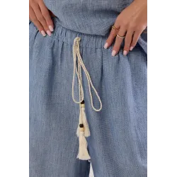 Lniany komplet z bluzką i spodniami palazzo z haftem