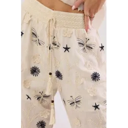 Lniany komplet ażurowy z koszulą i spodniami