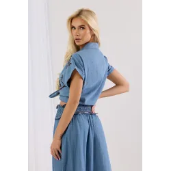 Denimowy komplet z koszulą i spódnicą maxi z haftem