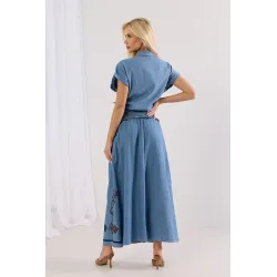Denimowy komplet z koszulą i spódnicą maxi z haftem